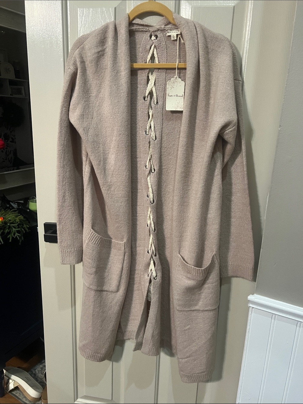 Hem & Thread Open-Front Knit Cardigan in Soft Mauve